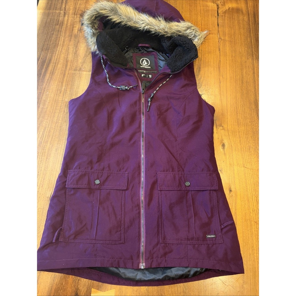 Y2K Volcom Women's Longhorn Insulated Water Repellent Vest Fur Hood Sz Med